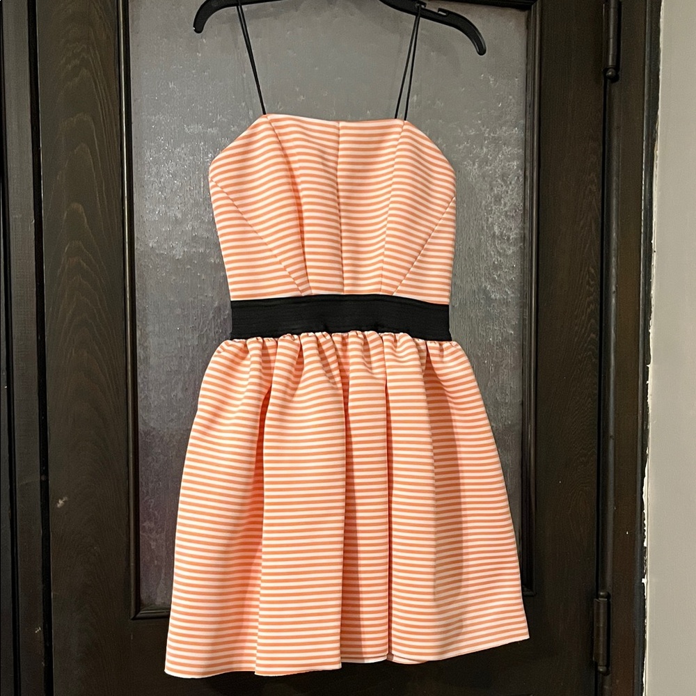 Striped Peach Mini Dress with Black Waistband.  Great condition size small